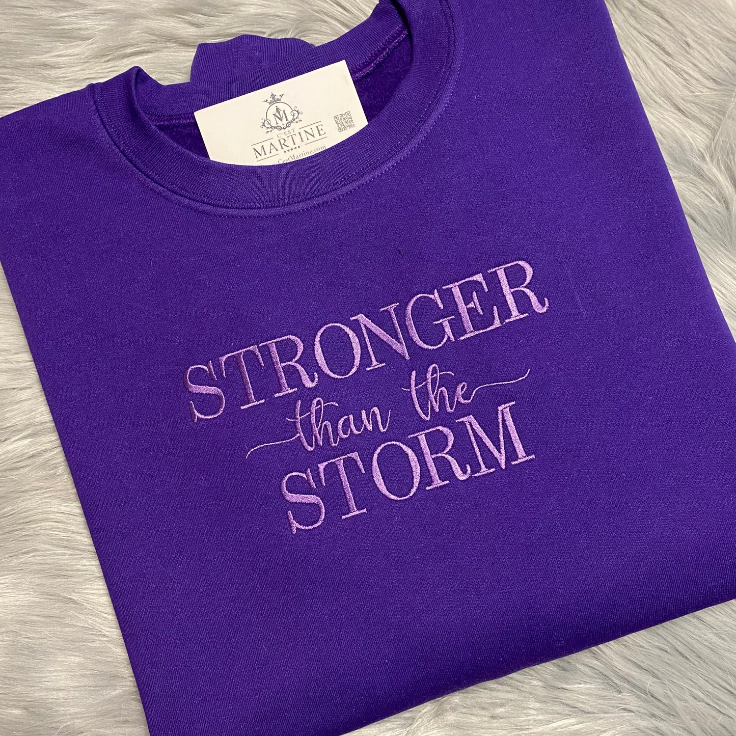 Sweatshirt, Stronger than the Storm Purple Embroidered Aesthetic CrewNeck Sweatshirt Keepsake, Luxhan Beauty