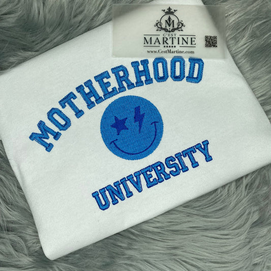 Motherhood University Smiley Face Mother's Day Embroidered Gift T-Shirt
