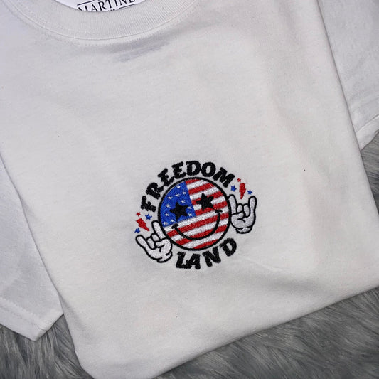 4th of July, Smiley Face, All American, Freedom, Land of the Free, America  Embroidered, Custom T-Shirt, Church Going