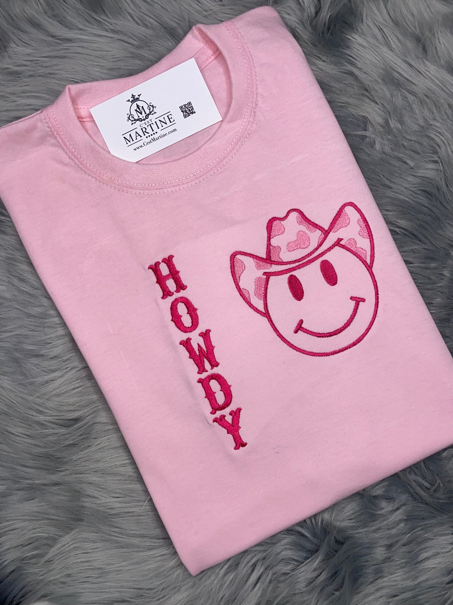 CowPrint, Smiley Face, Embroidered Pink  T-Shirt