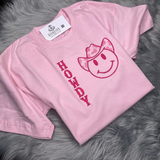 CowPrint, Smiley Face, Embroidered Pink  T-Shirt